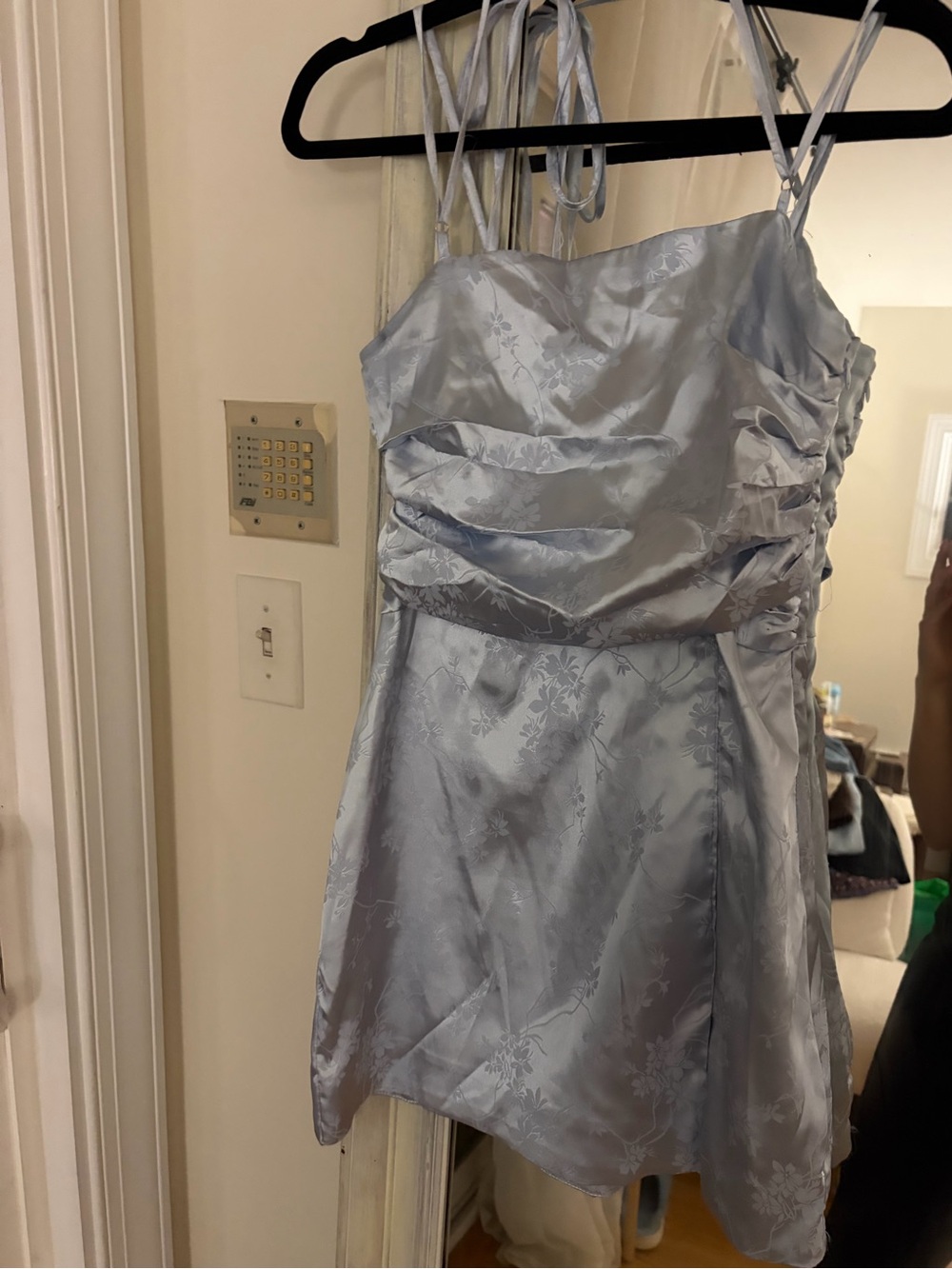 Light Blue Satin Floral Mini Dress with Spaghetti Straps